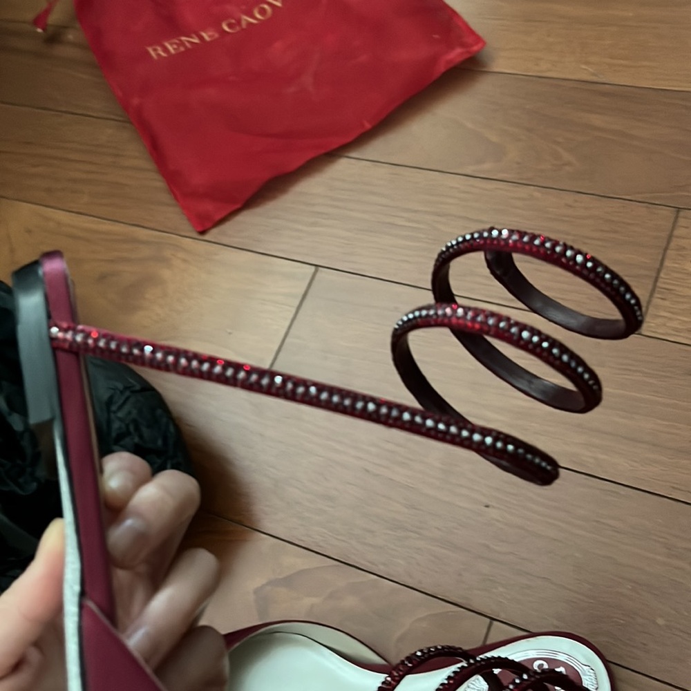 Rene Caovilla Wine Burgundy Pointed Toe Spiral-Ankle Flat Mules - Picture 7 of 7
